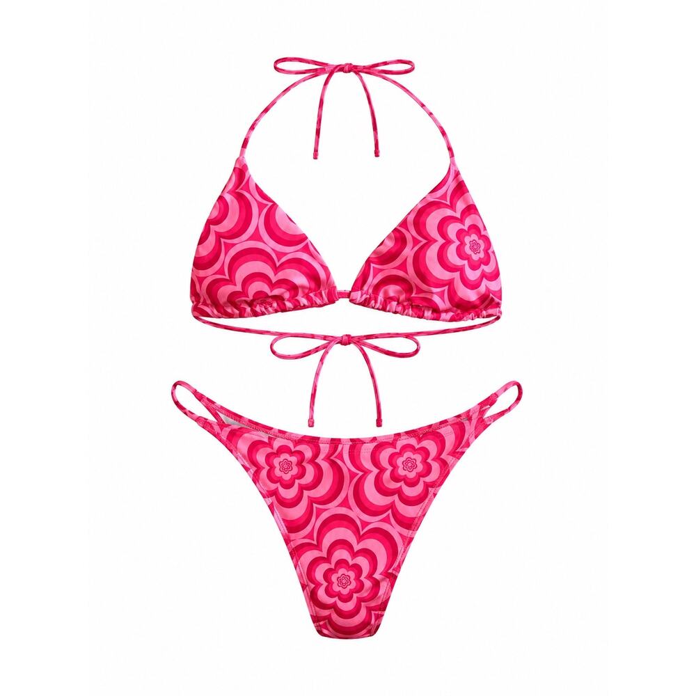 SHEIN Pink Retro Floral Bikini Set Medium Y2K Mod Flower Print String Swimsuit